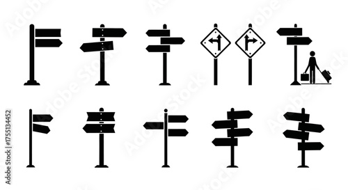 A Collection of Diverse Directional Signpost Illustrations Showing Various Routes and Choices for Navigation and Decision Making