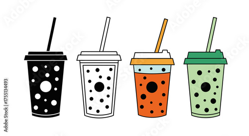 Colorful Refreshing Beverage Cups with Boba Pearls and Straws A Variety of Designs