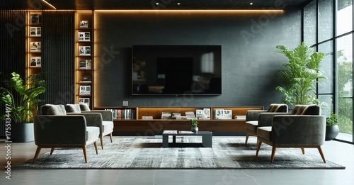 Wallpaper Mural Frameless glossy black tv off waiting room with magazines and neutral chairs Torontodigital.ca