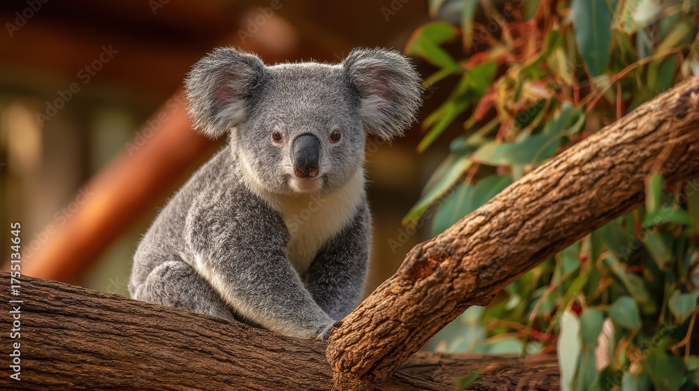 Naklejka premium Captivating Moment of a Koala Sitting on a Branch at the Zoo, A Beautiful Scene for Lifestyle Campaigns Inspiring Calmness and Tranquility.