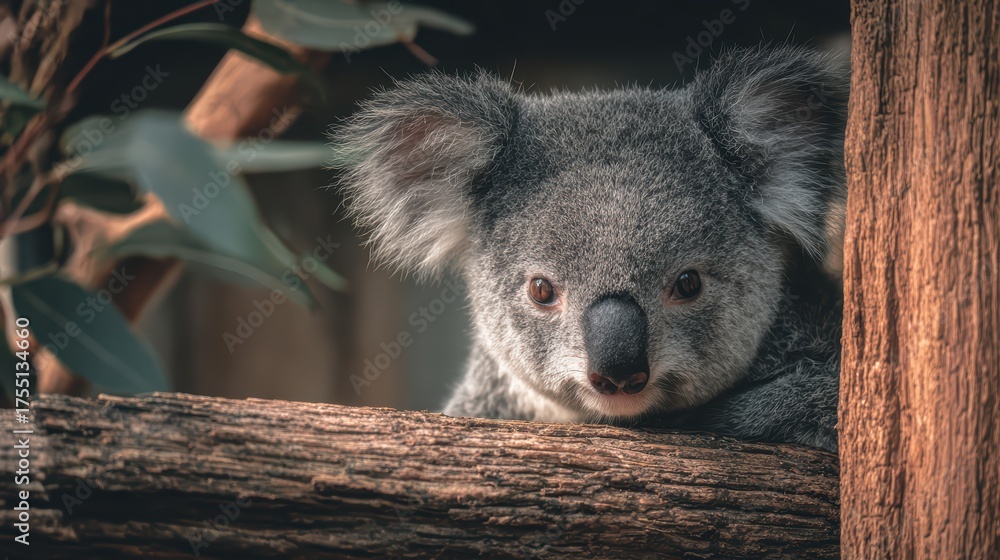 Obraz premium Captivating Koala Bear Chillaxing in a Zoo Enclosure, Perfect for Tranquil Projects and Social Media Campaigns.