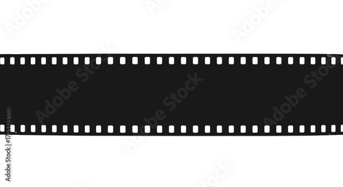 A strip of black and white cinematic film with perforations running along the edges and blank frames ready to be filled with moving pictures on a white background