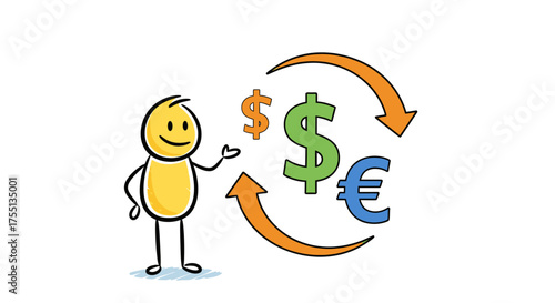 Financial Exchange and Currency Conversion Concept Illustrating a Transaction Between Different Monetary Systems with Arrows Showing Flow and a Stylized Person Representing an Agent