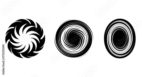 Three Abstract Circular Swirl Shapes Representing Energy Motion and Vortex Dynamics with Stylized Geometric and Brushstroke Textures