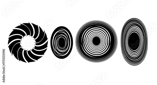 Abstract Circular Geometric Patterns Featuring Spirals and Fan Blades Offering Diverse Visual Textures and Optical Illusions