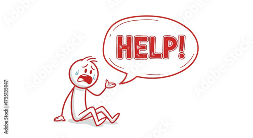Distressed stick figure sitting on the ground with an open mouth and outstretched hand shouting for assistance in a red speech bubble