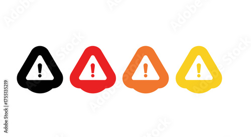 Set of four abstract warning symbols with exclamation marks in different colors black red orange and yellow against a white background