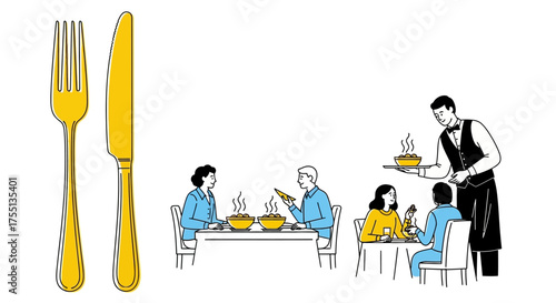 People Enjoying a Meal Together While a Waiter Serves Hot Food at a Restaurant