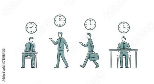 Illustrating the concept of time management in a business environment showing people engaged in various activities throughout the workday