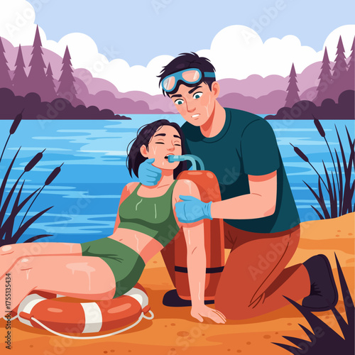 Lifeguard heroically provides first aid to drowning victim on beach near lake, embodying safety, preparedness, and quick response in emergency situations