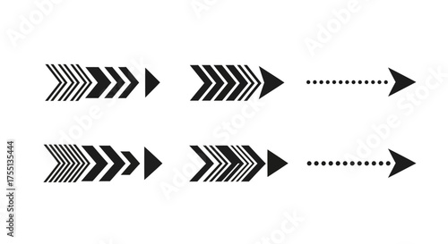 Set of arrows in different styles indicating direction and movement with patterns and dashed lines