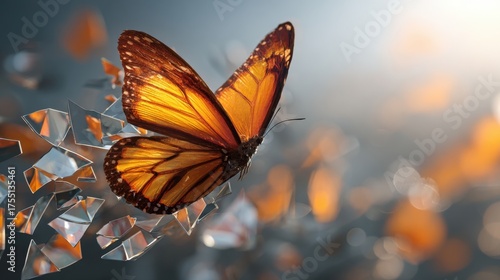 A vibrant orange butterfly emerges from pieces of shattered glass surrounded by soft light. This scene captures the essence of transformation and freedom in a magical environment.
