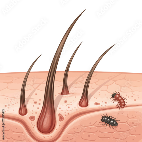 Unpleasant Skin Parasites Infestation: Microscopic View of Hair Follicles Attacked by Crawling Mites, Illustrating Itchiness and Medical Skin Conditions