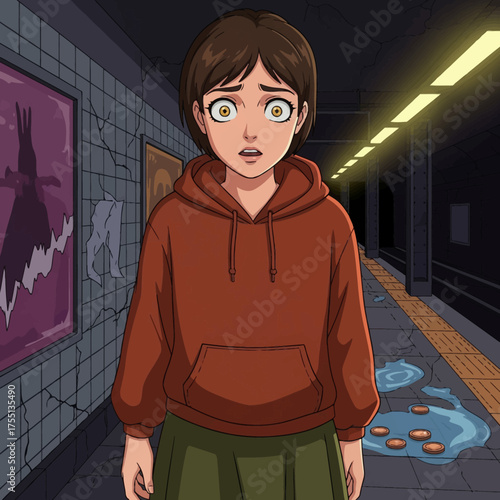 Terrified young woman alone on a scary subway platform, her eyes wide with fear and anxiety, evoking suspense and vulnerability in a dark, unsettling scene.