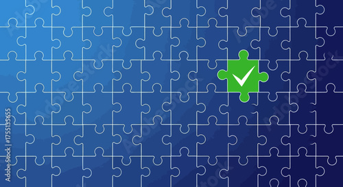 A Complete Puzzle Completed with a Single Green Piece Featuring a Checkmark Symbol Indicating Success and a Task Finished on a Gradient Blue Background