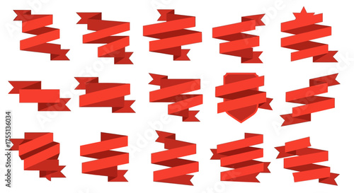 Collection of twelve red ribbon banners perfect for graphic design and web decoration purposes