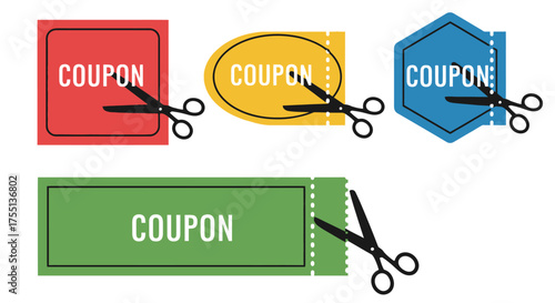 Collection of colorful coupon shapes being cut by scissors for discounts and savings