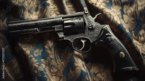 Old black revolver with bullets on white background
