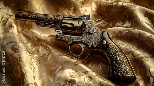 Old black revolver with bullets on white background