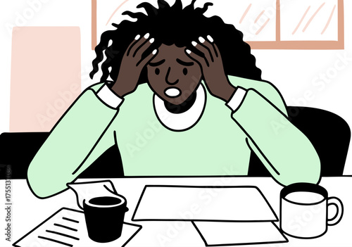 Overwhelmed Businesswoman with Head in Hands in Office