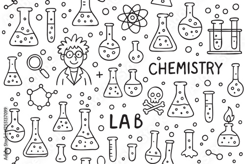 Chemistry lab doodle with scientist and laboratory equipment in black and white. Vector doodle illustration