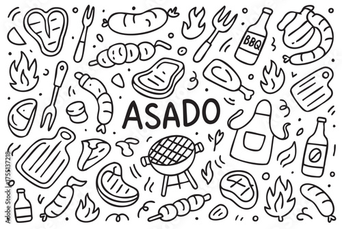 Asado bbq elements and tools doodle: grill, meat, utensils, fire, and beer. Vector doodle illustration