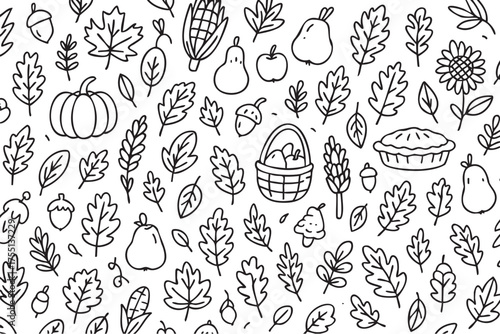 Autumn harvest doodle pattern with leaves, fruits, and fall icons. Vector doodle illustration