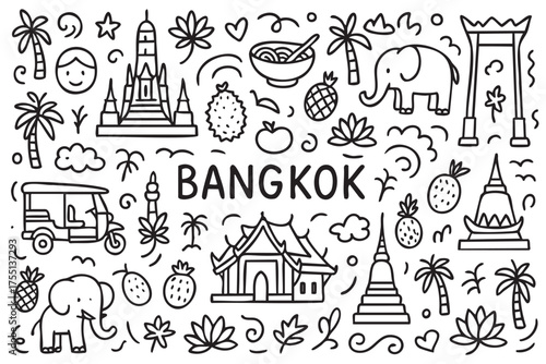 Bangkok landmarks and symbols: temples, tuk tuk, elephants, and tropical fruits. Vector doodle illustration
