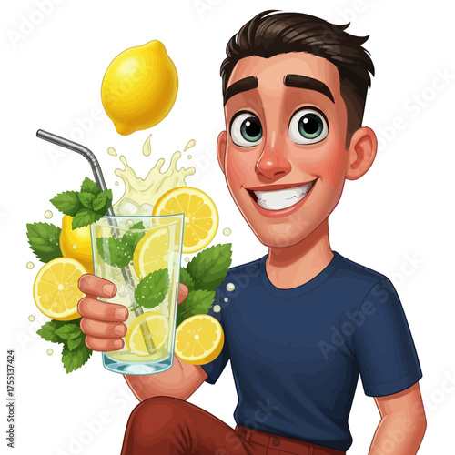 Smiling man enjoys refreshing lemonade with lemons and mint, perfect for summer refreshment, beverage ads, and healthy lifestyle campaigns