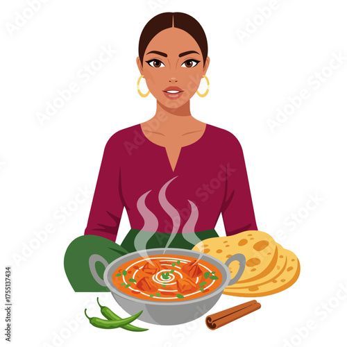 Enjoy authentic flavors with this vibrant Indian meal, a steaming bowl of curry, fresh chilis, and warm roti bread, perfect for food blogs and menus