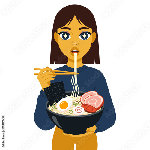Enjoying Delicious Ramen Bowl: Mouthwatering noodles and flavorful toppings for a satisfying culinary experience, perfect for foodies and comfort food lovers