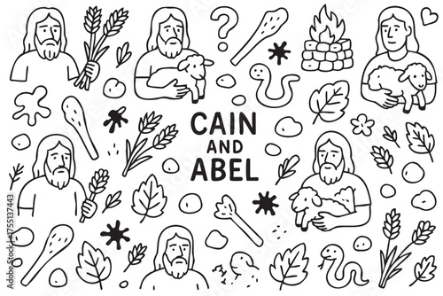 Biblical figures cain and abel with symbols and animals in line art style. Vector doodle illustration