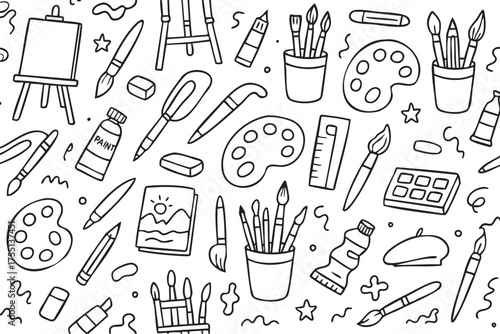 Black and white art tools pattern with paintbrushes, easels, and palettes. Vector doodle illustration