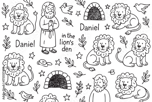 Black and white biblical illustration: daniel in the lion's den with cartoon lions and dove. Vector doodle illustration