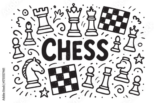 Black and white chess pieces and boards with decorative elements in hand-drawn doodle style. Vector doodle illustration
