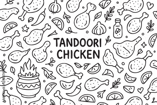 Black and white tandoori chicken pattern with drumsticks and seasoning elements. Vector doodle illustration