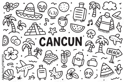 Cancun vacation doodle: icons of travel, beach, and fun. Vector doodle illustration