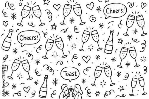 Celebration theme with cheers and toasts featuring wine glasses and bottles. Vector doodle illustration