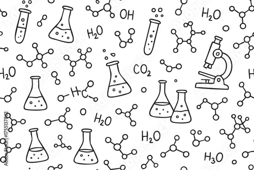 Chemistry tools and molecules pattern with beakers, test tubes, and microscope symbols. Vector doodle illustration