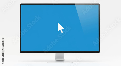 A modern computer monitor displays a bright blue screen with a white cursor indicating interaction on a clean white background highlighting digital technology and user interface design