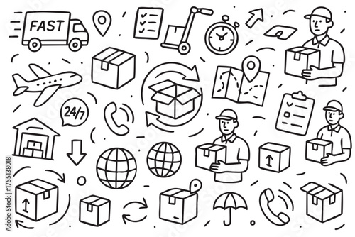 Courier delivery icons set featuring packages, truck, plane, male workers, gps, clock, warehouse. Vector doodle illustration
