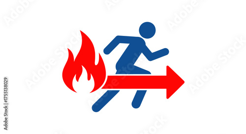 Running person with fire and red arrow indicating an exit route for safety during emergencies and evacuations