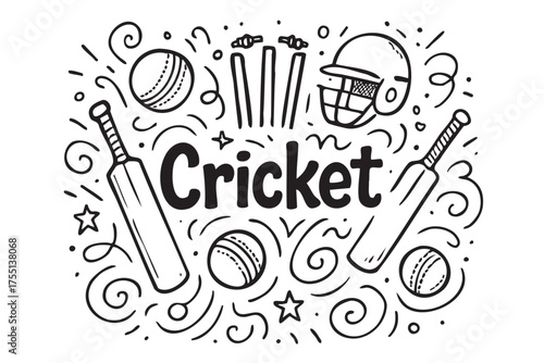 Cricket equipment and symbols: bats, balls, stumps, helmet in black and white design. Vector doodle illustration