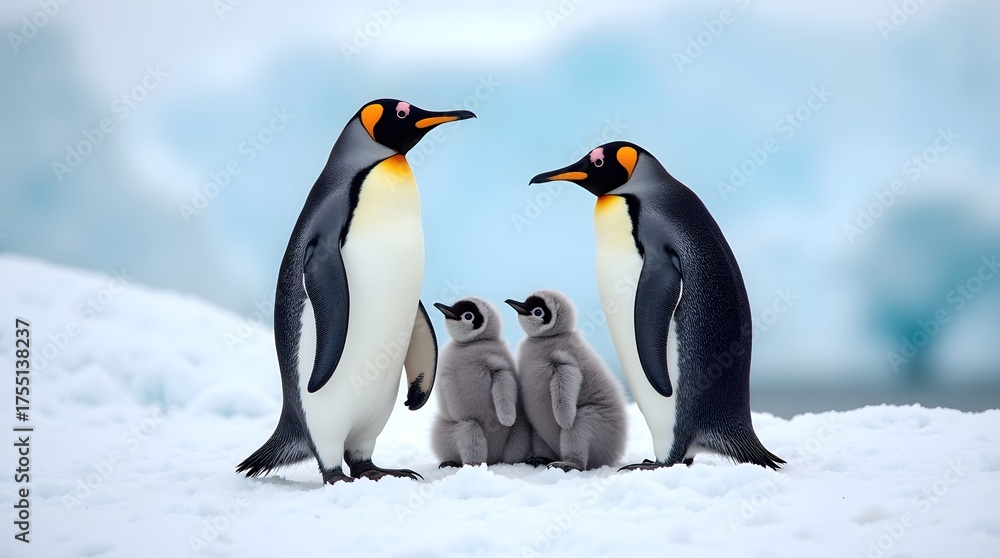 Fototapeta premium Majestic King Penguin Family on Ice | Parents and Two Chicks Portrait | Antarctic Wildlife Photography