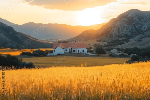 Country house by golden wheat at sunset surrounded by quiet hills