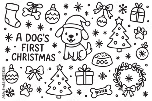 Cute dog celebrating its first christmas with gifts and decorations in black and white drawing. Vector doodle illustration