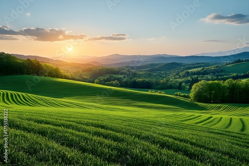 Rolling green fields at sunset with layered hills and glowing sky