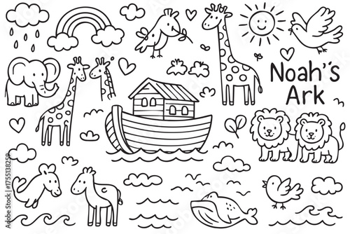 Cute noah's ark animal scene with giraffes, lions, and elephants in black and white. Vector doodle illustration