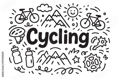 Cycling icon set: bikes, mountains, helmets, water bottles, gears, sun, clouds in black and white. Vector doodle illustration