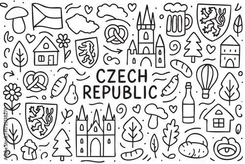 Czech republic doodle: castles, shields, and cultural symbols in black and white. Vector doodle illustration